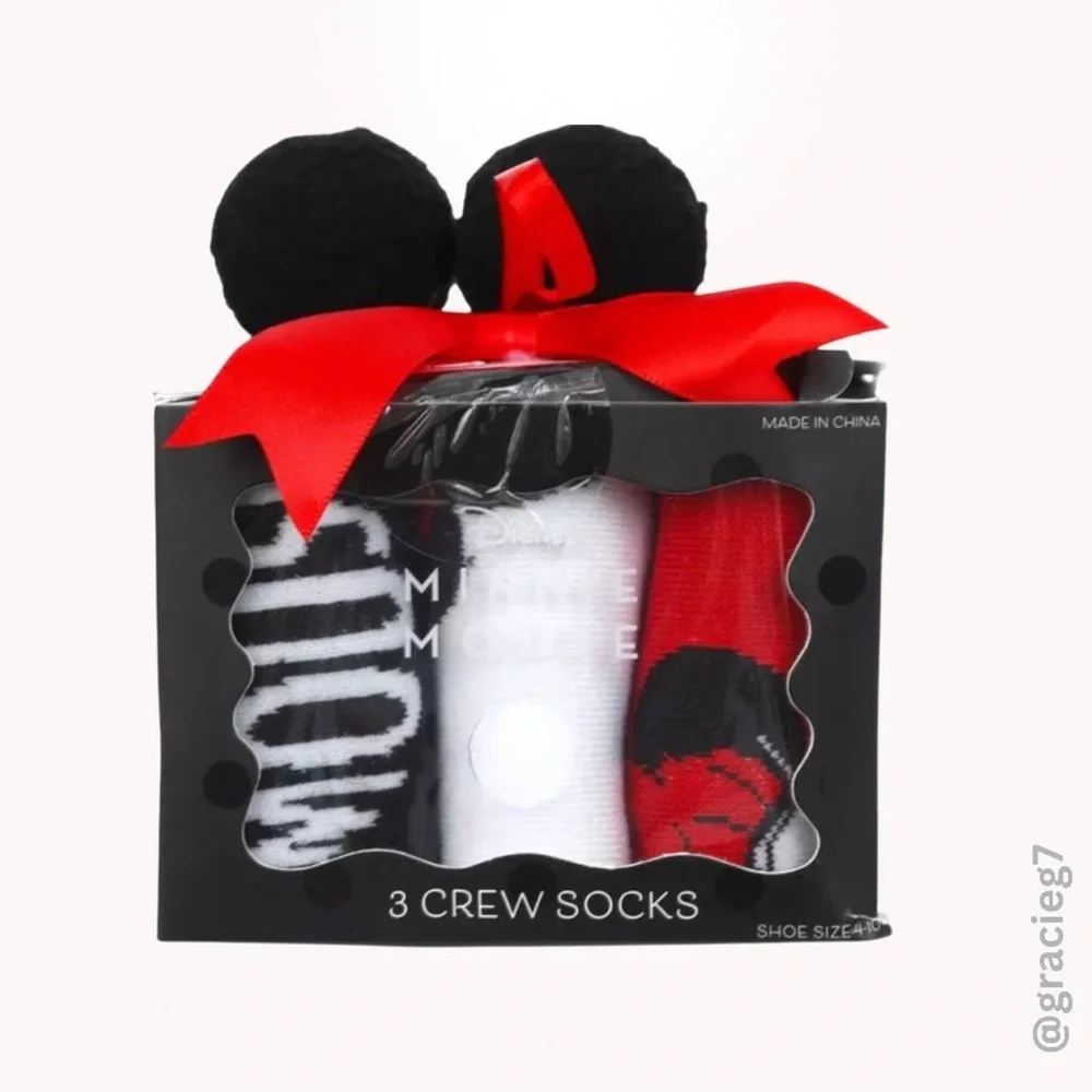 DISNEY MINNIE MOUSE WOMENS 3 PAIR PACK CREW SOCKS RED WHITE BLACK OS NWT